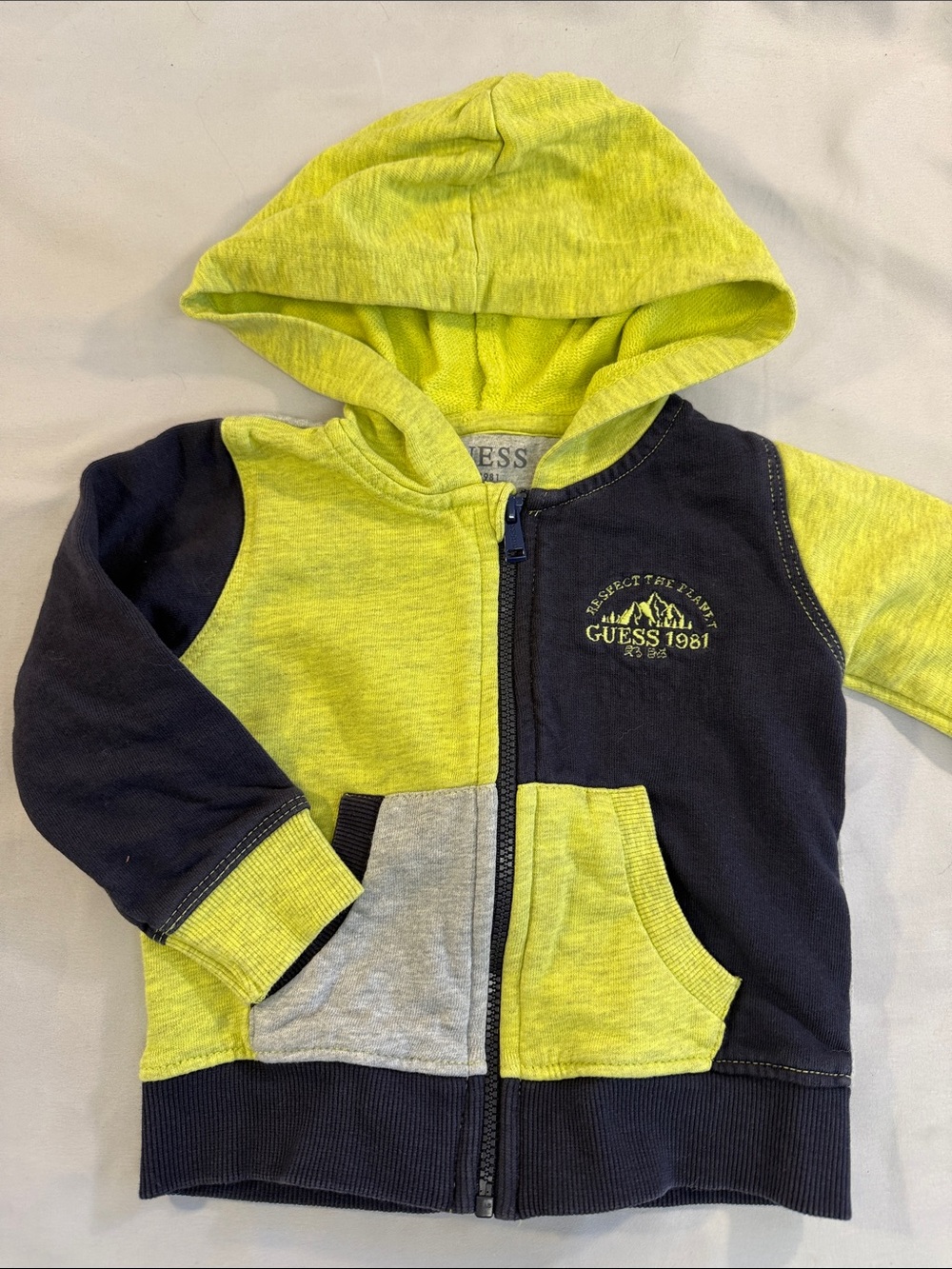 GUESS - Neon Yellow & Navy Colorblock Hooded Zip Jacket